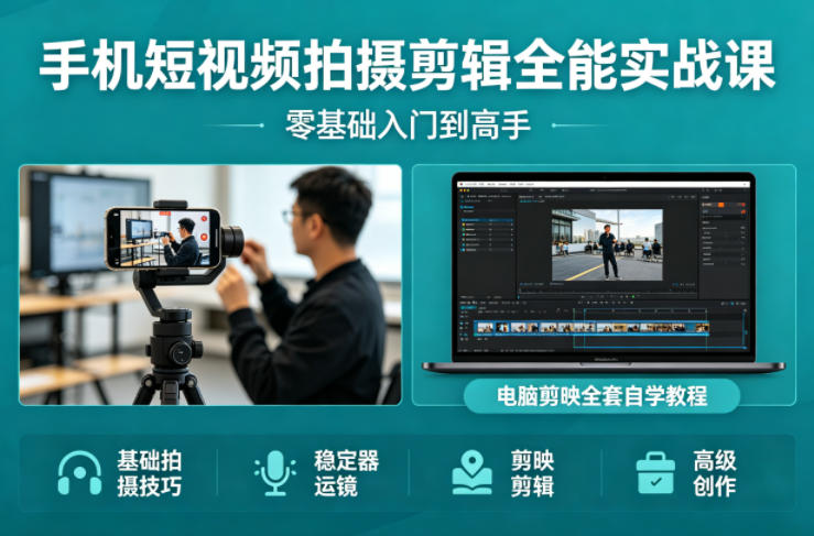 手机短视频拍摄剪辑全能实战课：零基础入门到高手，稳定器运镜+电脑剪映全套自学教程-一起网赚吧