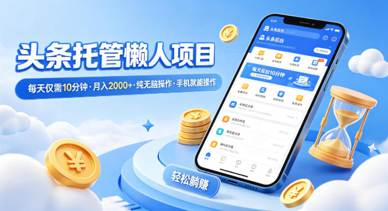 头条托管懒人项目，每天仅需10分钟，月入2000+，纯无脑操作，手机就能操作【揭秘】-一起网赚吧