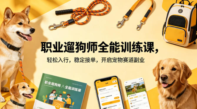 职业遛狗师全能训练课，轻松入行，稳定接单，开启宠物赛道副业-一起网赚吧