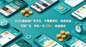 2026最新看广告平台，不需要养机，保底收益，无限广告，多机一天200+，收益稳定【揭秘】-一起网赚吧
