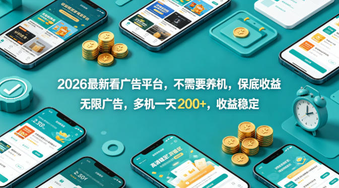2026最新看广告平台，不需要养机，保底收益，无限广告，多机一天200+，收益稳定【揭秘】-一起网赚吧