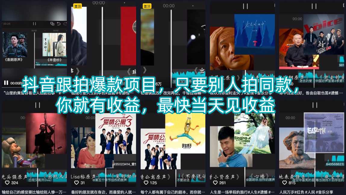 抖音跟拍爆款项目，只要别人拍同款，你就有收益，最快当天见收益-一起网赚吧