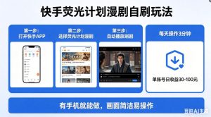 快手荧光计划漫剧自刷玩法，每天几十上百不是问题，有手机就能做【揭秘】-一起网赚吧