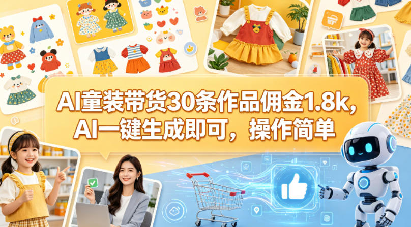 AI童装带货30条作品佣金1.8k，AI一键生成即可，操作简单-一起网赚吧