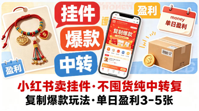 小红书卖挂件，不囤货纯中转复制爆款玩法，单日盈利3-5张-一起网赚吧
