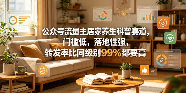 公众号流量主居家养生科普赛道，门槛低，落地性强，转发率比同级别99％都要高-一起网赚吧
