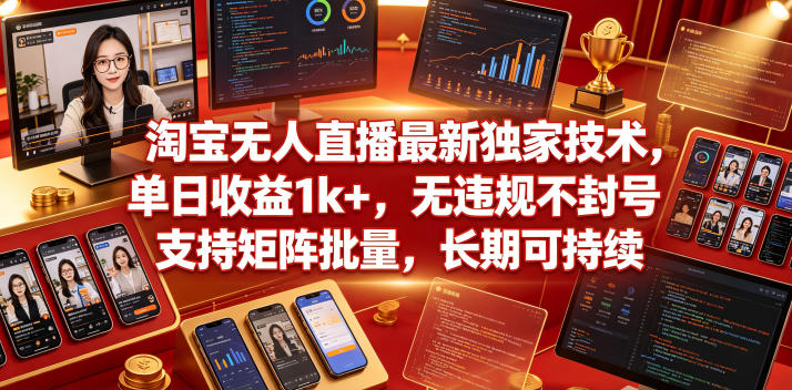 淘宝无人直播最新独家技术，单日收益1k+，无违规不封号，支持矩阵批量，长期可持续【揭秘】-一起网赚吧