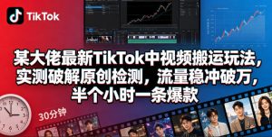 某大佬最新TikTok中视频搬运玩法，实测破解原创检测，流量稳冲破万，半个小时一条爆款-一起网赚吧