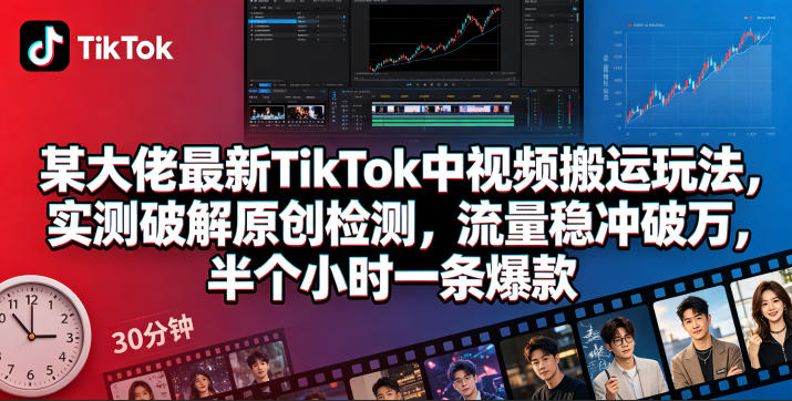 某大佬最新TikTok中视频搬运玩法，实测破解原创检测，流量稳冲破万，半个小时一条爆款-一起网赚吧