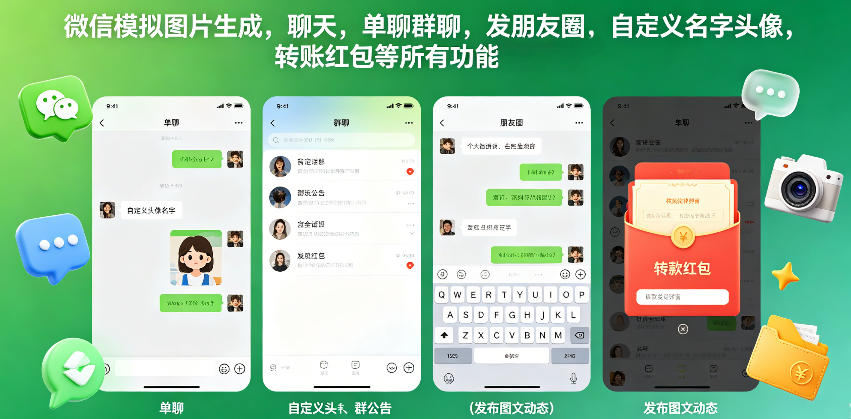 微信模拟图片生成，聊天，单聊群聊，发朋友圈，自定义名字头像，转账红包等所有功能都可以生成-一起网赚吧