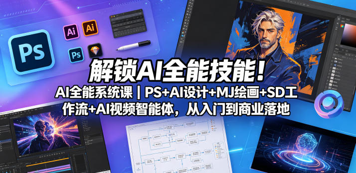 解锁AI全能技能！AI全能系统课｜PS+AI设计+MJ绘画+SD工作流+AI视频智能体，从入门到商业落地-一起网赚吧