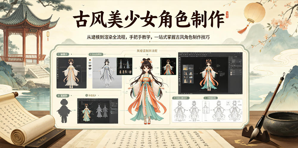 古风美少女角色制作，从建模到渲染全流程，手把手教学，一站式掌握古风角色制作技巧-一起网赚吧