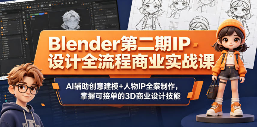 Blender第二期IP设计全流程商业实战课,AI辅助创意建模+人物IP全案制作,掌握可接单的3D商业设计技能