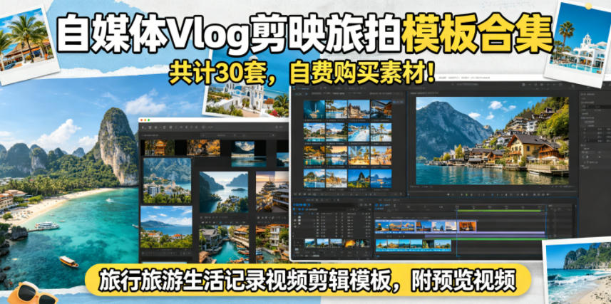 自媒体Vlog剪映旅拍模板合集，共计30套，自费购买素材！旅行旅游生活记录视频剪辑模板，附预览视频-一起网赚吧