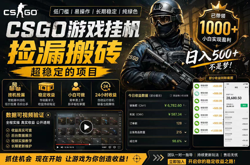 CSGO游戏搬砖，全自动挂G，不需要玩游戏，手机操作日入300+，解放双手【揭秘】-一起网赚吧