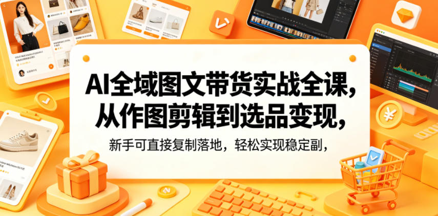 AI全域图文带货实战全课，从作图剪辑到选品变现，新手可直接复制落地，轻松实现稳定副业增收-一起网赚吧