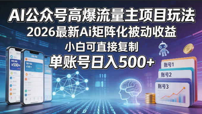 AI公众号高爆流量主项目玩法，2026最新Ai矩阵化被动收益，小白可直接复制，单账号日入500+-一起网赚吧