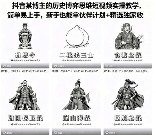 抖音某博主的历史博弈思维短视频实操教学，简单易上手，新手也能拿伙伴计划+精选独家收益-一起网赚吧