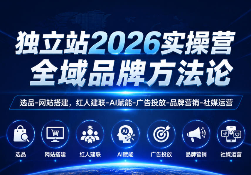 独立站2026实操营，全域品牌方法论，选品-网站搭建，红人建联-AI赋能-广告投放-品牌营销-社煤运营-一起网赚吧