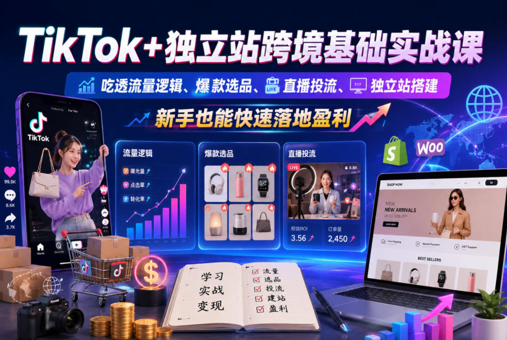 TikTok+独立站跨境基础实战课，吃透流量逻辑、爆款选品、直播投流与独立站搭建，新手也能快速落地盈利-一起网赚吧
