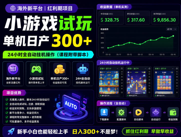 海外新平台，小游戏试玩，单机日产300+，24小时全自动挂G操作（课程附带脚本）【揭秘】-一起网赚吧