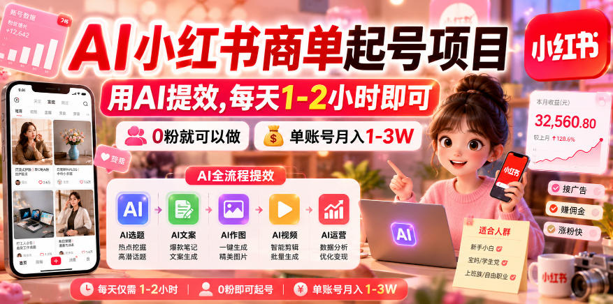 AI小红书商单起号项目，用AI提效,每天1-2小时即可，0粉就可以做，单账号月入1-3W-一起网赚吧