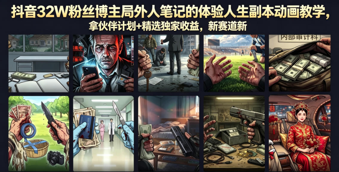抖音32W粉丝博主局外人笔记的体验人生副本动画教学，拿伙伴计划+精选独家收益，新赛道新涨粉快【录制版】-一起网赚吧