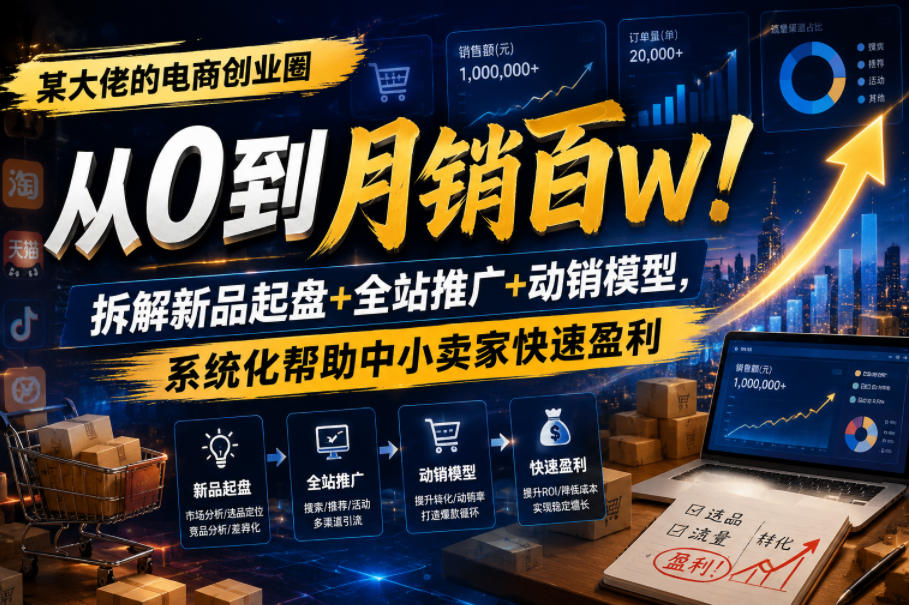 某大佬的电商创业圈从0到月销百W！拆解新品起盘+全站推广+动销模型，系统化帮助中小卖家快速盈利-一起网赚吧