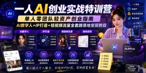一人AI创业实战特训营，单人零团队轻资产创业指南，AI数字人+IP打造+短视频流量全套路落地变现教程-一起网赚吧
