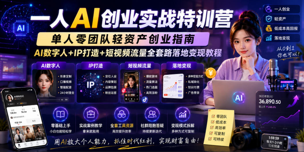 一人AI创业实战特训营，单人零团队轻资产创业指南，AI数字人+IP打造+短视频流量全套路落地变现教程-一起网赚吧