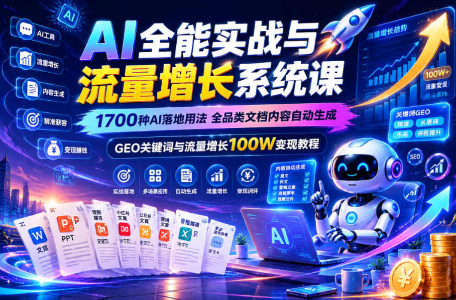 AI全能实战与流量增长系统课，1700种AI落地用法，全品类文档内容自动生成，GEO关键词与流量增长100W变现教程-一起网赚吧