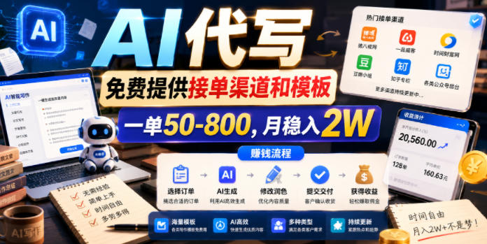 AI代写，免费提供接单渠道和模板，一单50-800，月稳入2W【揭秘】-一起网赚吧