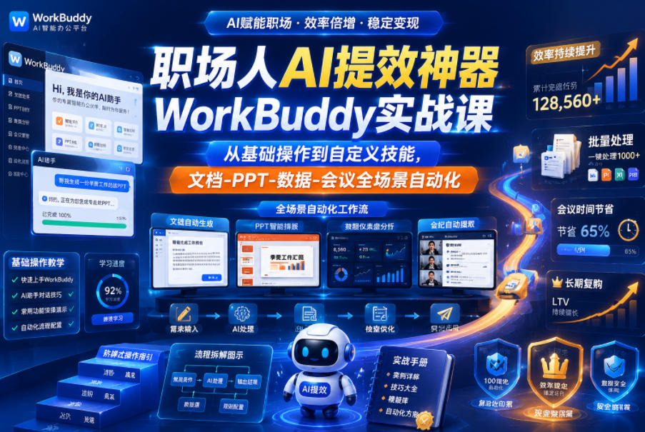 职场人AI提效神器WorkBuddy实战课，从基础操作到自定义技能，文档-PPT-数据-会议全场景自动化-一起网赚吧