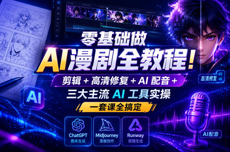 零基础做AI漫剧全教程！剪辑+高清修复+AI配音+三大主流AI工具实操，一套课全搞定-一起网赚吧
