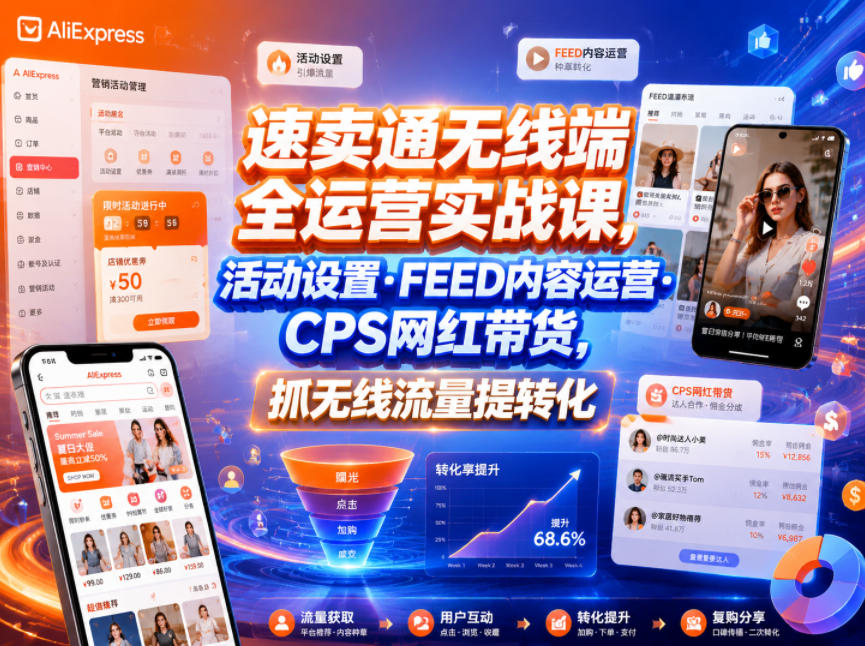 速卖通无线端全运营实战课，活动设置・FEED内容运营・CPS网红带货，抓无线流量提转化-一起网赚吧