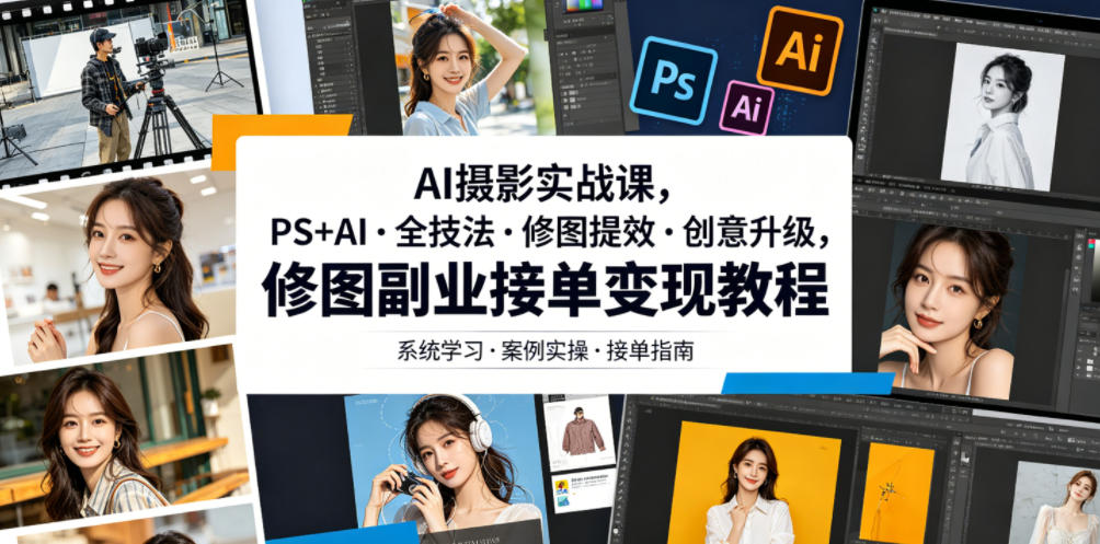 AI摄影实战课，PS+AI・全技法・修图提效・创意升级，修图副业接单变现教程-一起网赚吧