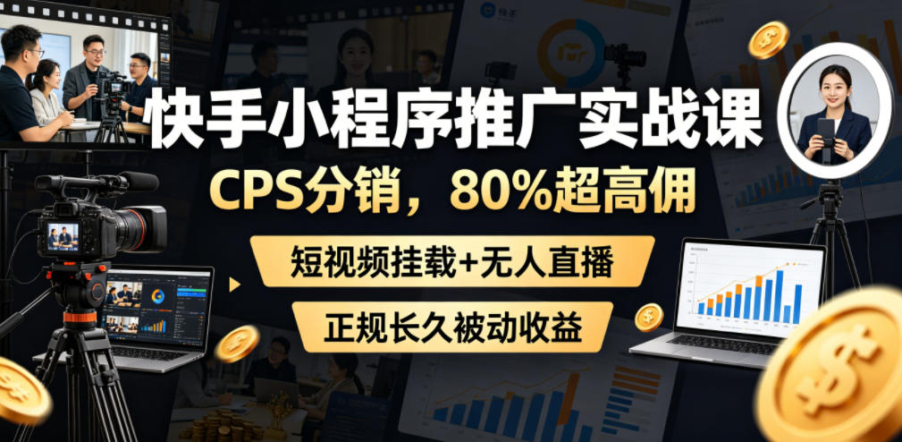 快手小程序推广实战课，CPS分销，80%超高佣，短视频挂载+无人直播，正规长久被动收益-一起网赚吧