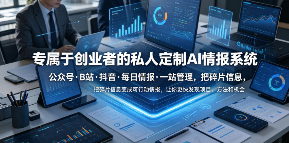 专属于创业者的私人定制AI情报系统，公众号·B站·抖音·每日情报·一站管理，把碎片信息变成可行动情报，让你更快发现项目、方法和机会-一起网赚吧