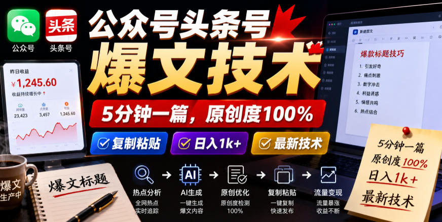 公众号头条号爆文技术,5分钟一篇,原创度100%,复制粘贴,日入1k+,最新技术【揭秘】