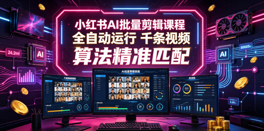 小红书AI批量剪辑课程，24小时全自动运行，解放双手专注运营，千条视频批量处理，小红书算法精准匹配-一起网赚吧