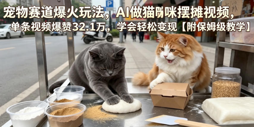 宠物赛道爆火玩法，AI做猫咪摆摊视频，单条视频爆赞32.1万，学会轻松变现【附保姆级教学】-一起网赚吧