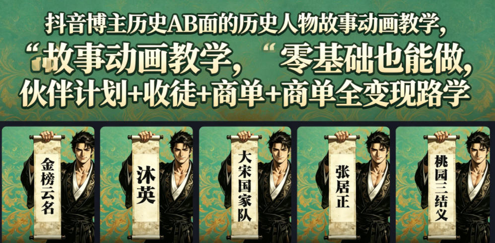 抖音博主历史AB面的历史人物故事动画教学，零基础也能做，伙伴计划+收徒+商单全变现路径教学-一起网赚吧