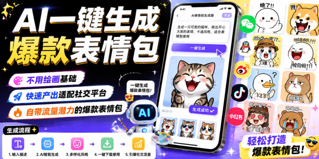 AI一键生成爆款表情包，不用绘画基础，快速产出适配社交平台，自带流量潜力的爆款表情包-一起网赚吧