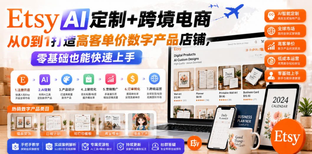 Etsy AI定制+跨境电商，从0到1打造高客单价数字产品店铺，零基础也能快速上手-一起网赚吧
