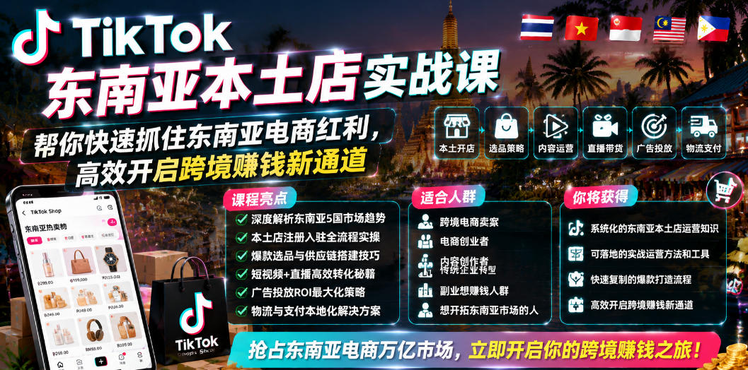 TikTok东南亚本土店实战课，帮你快速抓住东南亚电商红利，高效开启跨境賺钱新通道-一起网赚吧