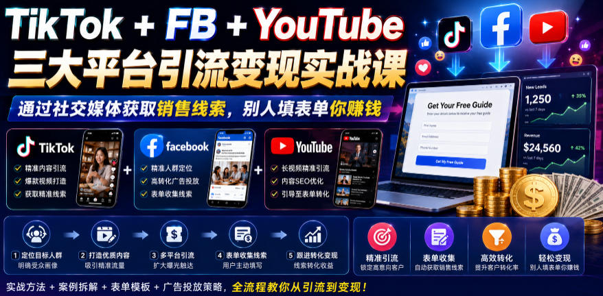 TikTok+FB+YouTube三大平台引流变现实战课，通过社交媒体获取销售线索，别人填表单你賺钱【原创双语字幕】-一起网赚吧