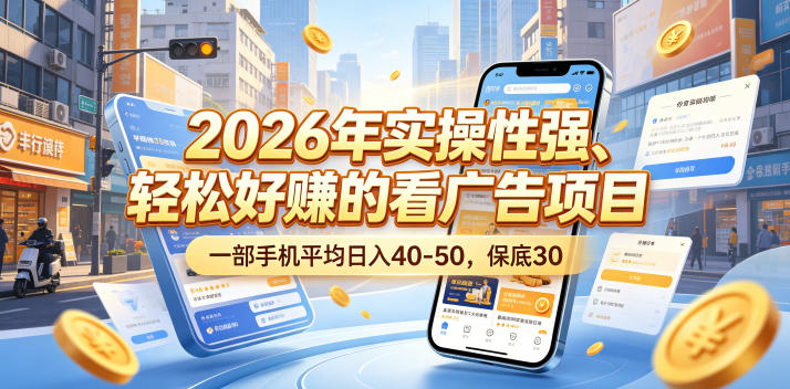 2026年实操性强、轻松好賺的看广告项目，一部手机平均日入40-50，保底30米【揭秘】-一起网赚吧