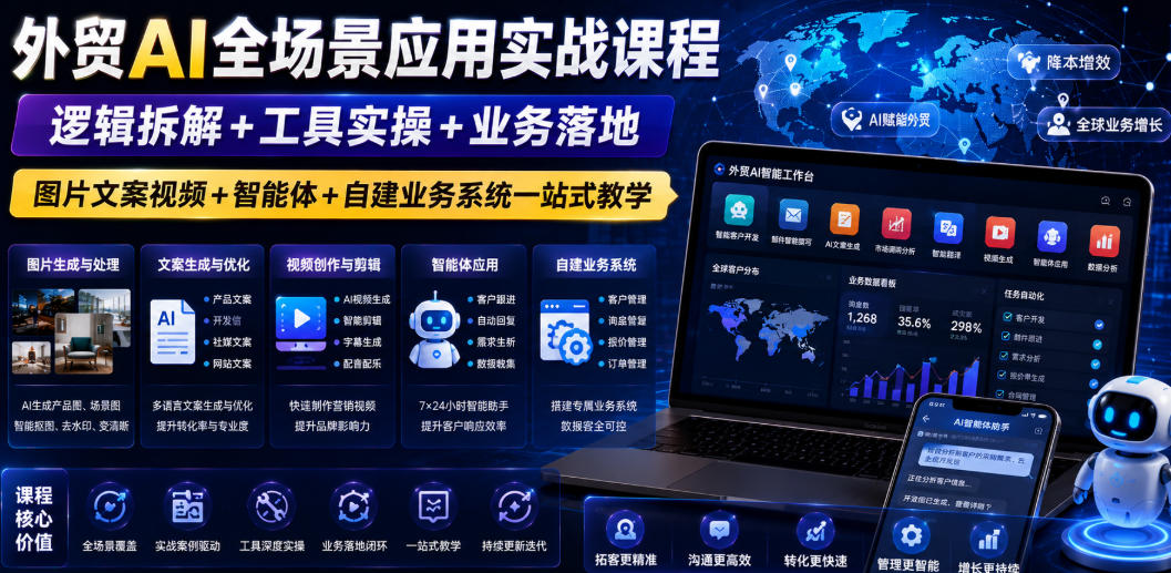 外贸AI全场景应用实战课程｜逻辑拆解+工具实操+业务落地，图片文案视频+智能体+自建业务系统一站式教学-一起网赚吧