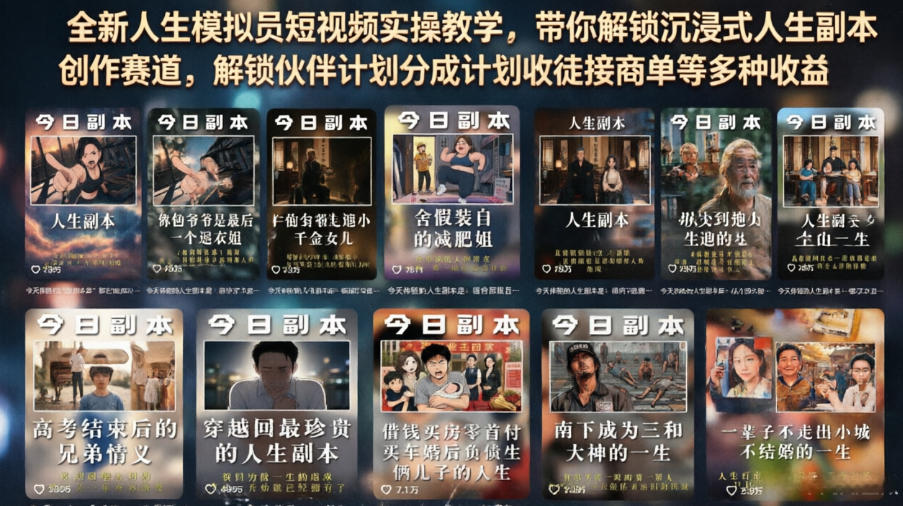 全新人生模拟员短视频实操教学，带你解锁沉浸式人生副本创作赛道，解锁伙伴计划分成计划收徒接商单等多种收益-一起网赚吧