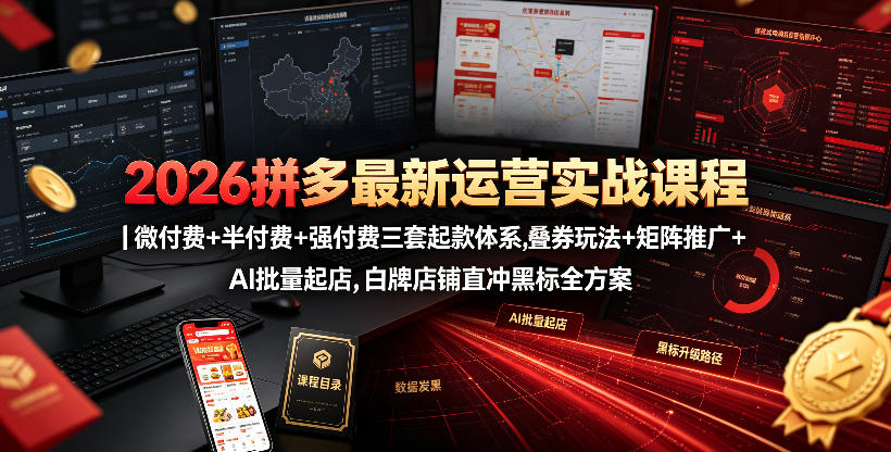 2026拼多多最新运营实战课程｜微付费+半付费+强付费三套起款体系，叠券玩法+矩阵推广+AI批量起店，白牌店铺直冲黑标全方案-一起网赚吧